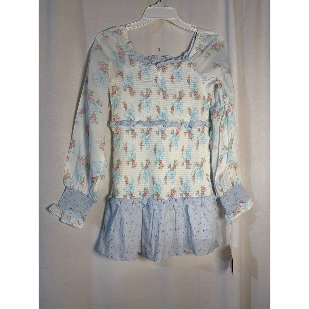 LoveShackFancy Target Girls Floral Smocked Long Sleeve Dress White Blue Size 16